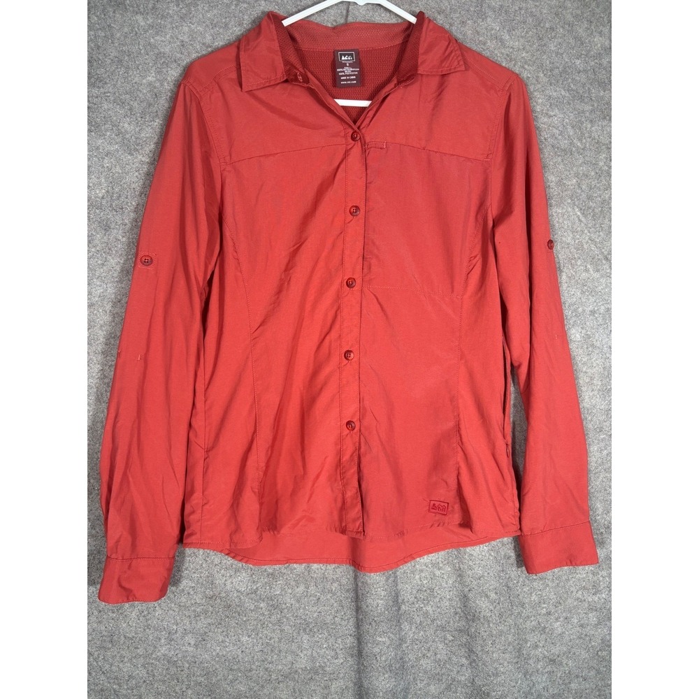 REI Sahara Womens Small Burnt Orange Tactel Nylon Hiking Roll Tab Sleeve Shirt‎